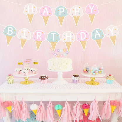 Colorful Paper Banners Ice Cream Shape Pull Flag Party Bunting Milk Tea Summer Theme Garland Decorative