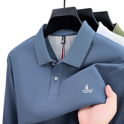 100% pure cotton spring and autumn fashionable men's collar striped long sleeved polo shirt brand sailboat embossed design casua