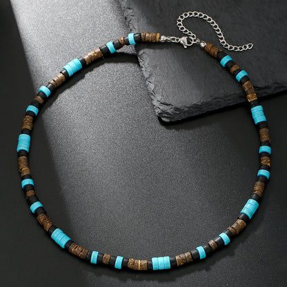 Colar Masculino Artesanal de Contas de Madeira e Argila Colar Fashion Vintage Africano de Contas Brancas para Homens Colar de Surfista de Praia Joias Tribais