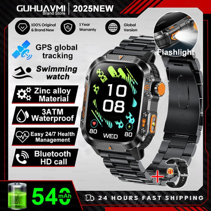 2026 Novas pulseiras inteligentes militares de GPS para ambientes externos, bússola masculina, frequência cardíaca, chamada BT, lanterna LED, Smartwatch à prova d'água 10ATM para natação