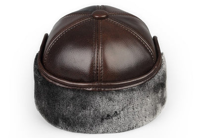 High Quality Genuine Leather Hats Winter First Layer Cowhide Warm Earmuffs Bomber Caps Plus Velvet Thicken Man Bone Caps Dad Hat