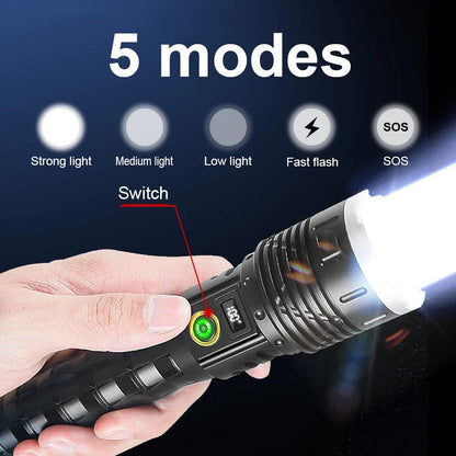 10000mAh High Power LED Flashlight Long Range 5000M Rechargeable Tactical Torch Ultra Powerful Outdoor Hand Lamp Camping Lantern