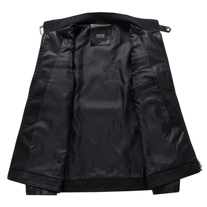 Autumn Men's Stand Collar Color-Block PU Jacket, Black Faux Leather Jackets, Spring Casual Coat. Asian Size Loose Fit Top.