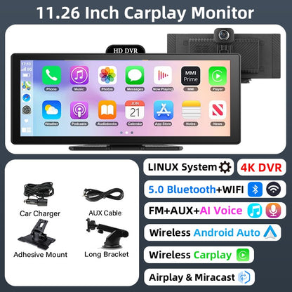 Gravador de Vídeo DVR 4K de 10/11,26 Polegadas com CarPlay e Android Auto Sem Fio, Câmera Veicular, Áudio Bluetooth, Navegação GPS e Duas Lentes para Painel