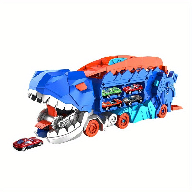 O caminhão de transporte dinossauro se dobra e desliza 63,5 cm sobre a pista, transformando quatro buggies de liga leve em tiranossauros em pé.
