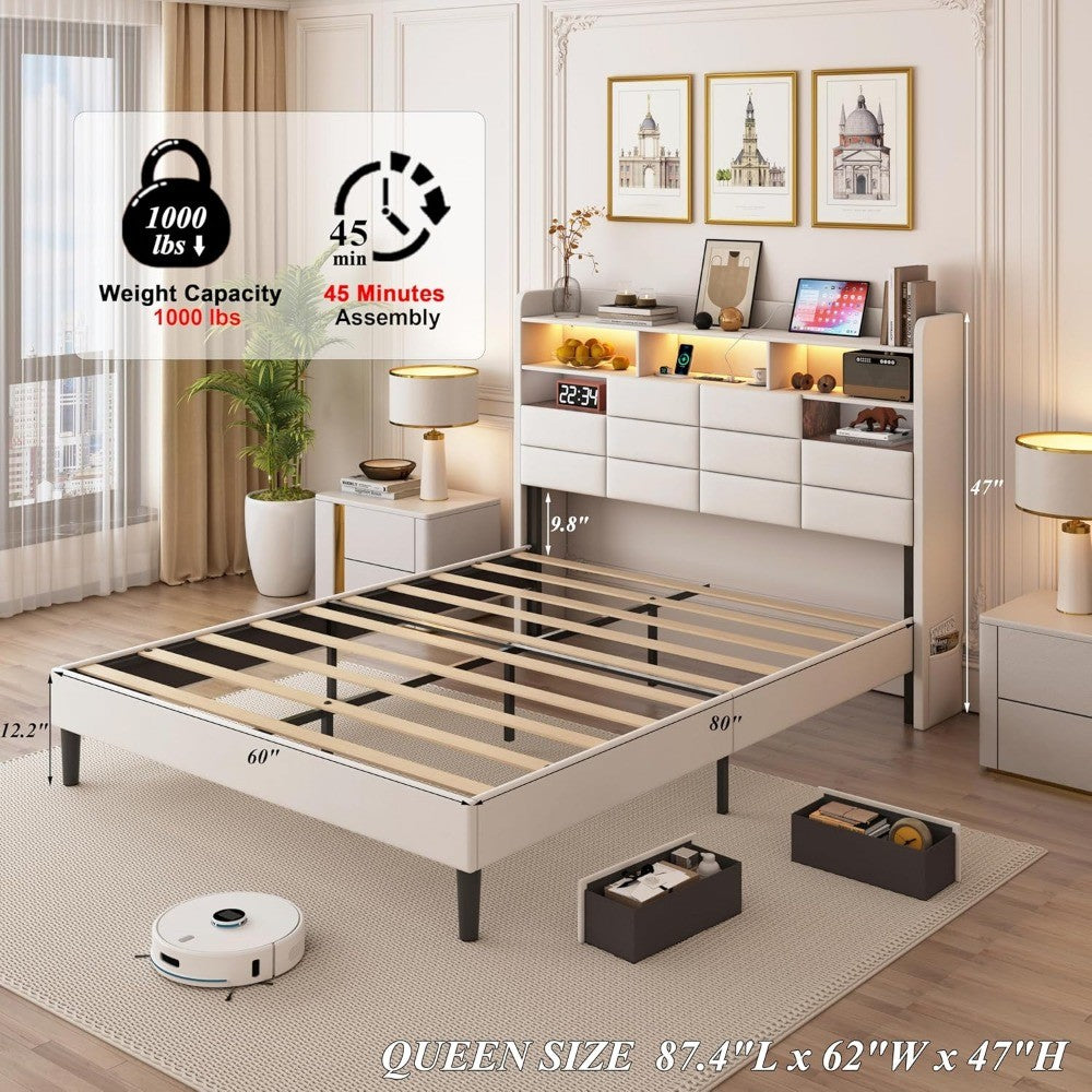 Queen Size LED Bed Frame with Storage, 2 Hidden Drawers, Charging Station, and Velvet Upholstery