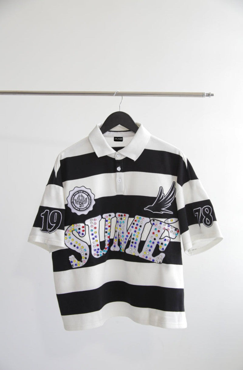 Sume New Retro Men Hip Hop Klein Stone Embroidery Stripe Polo Shirt Y2K Fashion Classic Lapel Neck Shirt Short Sleeves T shirt