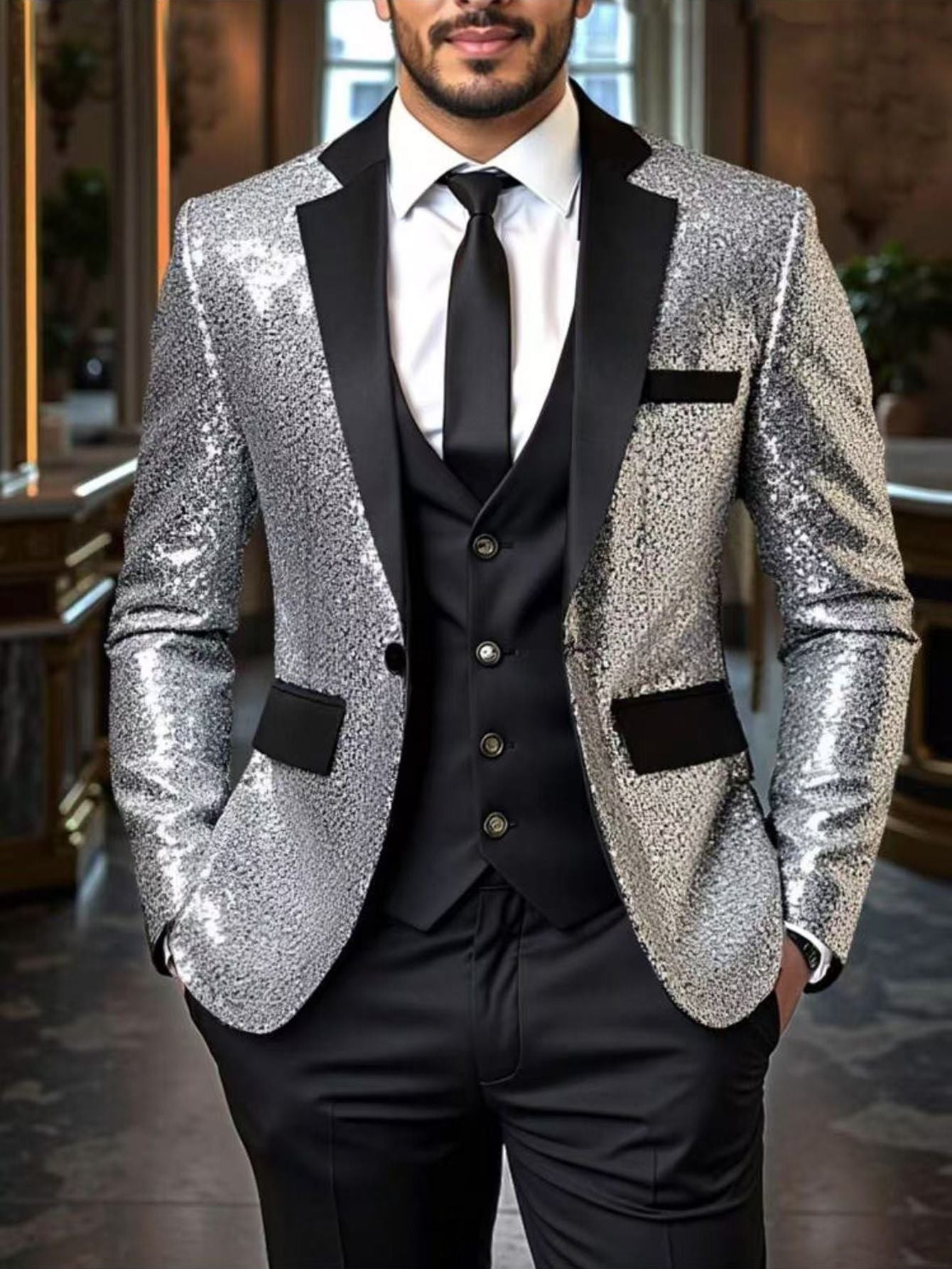 Shiny Sequin Tuxedo Jacket for Men - Royal Blue & Gold Gradient, Black Lapel, Formal Party/Wedding/Stage Wear? Coat.