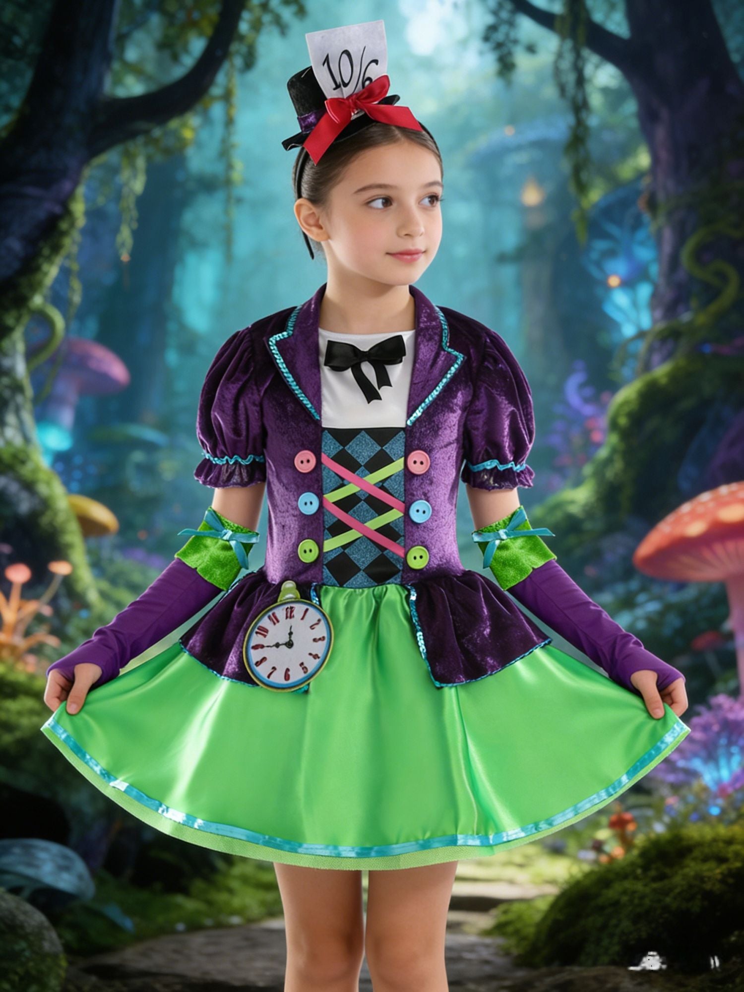 Kids mad hatter themed costume with hat & clock decor for Halloween party dress-up