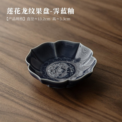 Creative Lotus Pattern Fruit Plate Zen Ceramic Snack Plate Retro Fruit Dishes Boutique Pastry Plate Hospitality Dishes Crafts