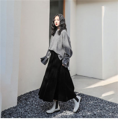 Preppy Style A-line Long Skirt Female Vintage Velvet Solid Skirt Autumn Winter Women Fashion High Waist Office Work Skirts 7XL