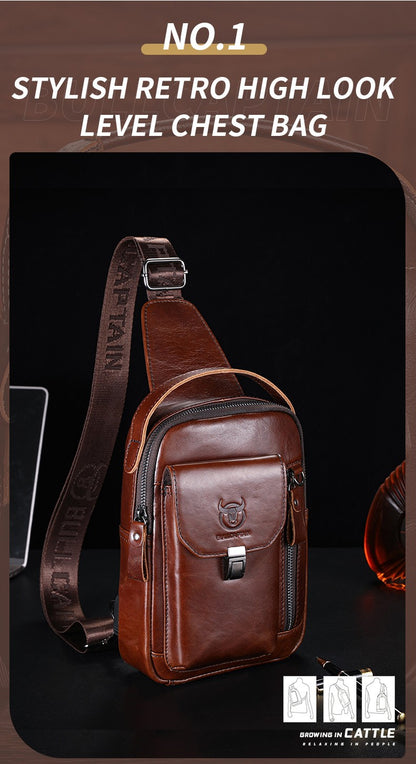 BULLCAPTAIN Men's Genuine Leather Chest Bag Casual Retro 7.9-inch Mobile Phone Bag Multifunctional Anti-Theft Crossbody Bag