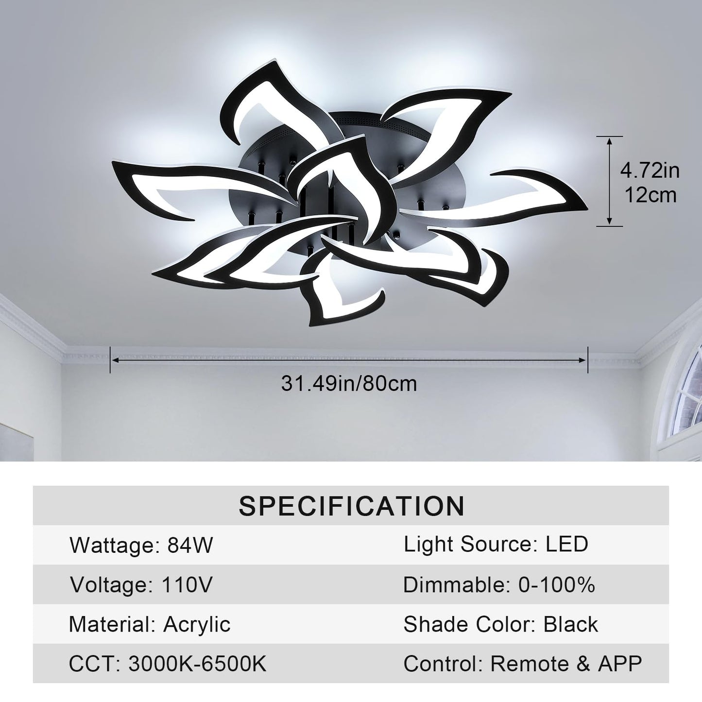Flower Shape LED Ceiling Light, Dimmable 3000K-6500K APP for Living Room Bedroom Kitchen Modern Acrylic Chandelier Energy Saving