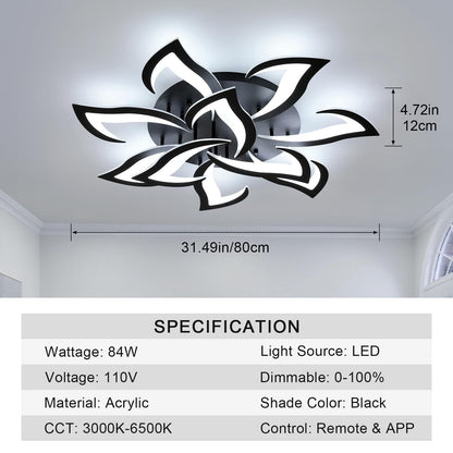 Flower Shape LED Ceiling Light, Dimmable 3000K-6500K APP for Living Room Bedroom Kitchen Modern Acrylic Chandelier Energy Saving