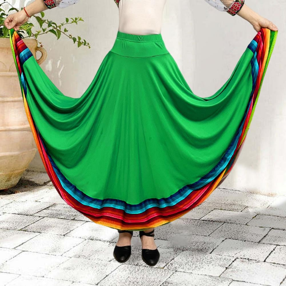 Dance Skirt with Colorful Stripes Colorful Folk Dance Skirt with Elastic Waist Large Swing Hem for Mexican Flamenco for Women