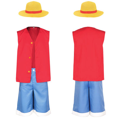 LUFEI cosplay costume set, pirate style red vest+blue shorts+straw hat, anime enthusiast cosplay event full outfit