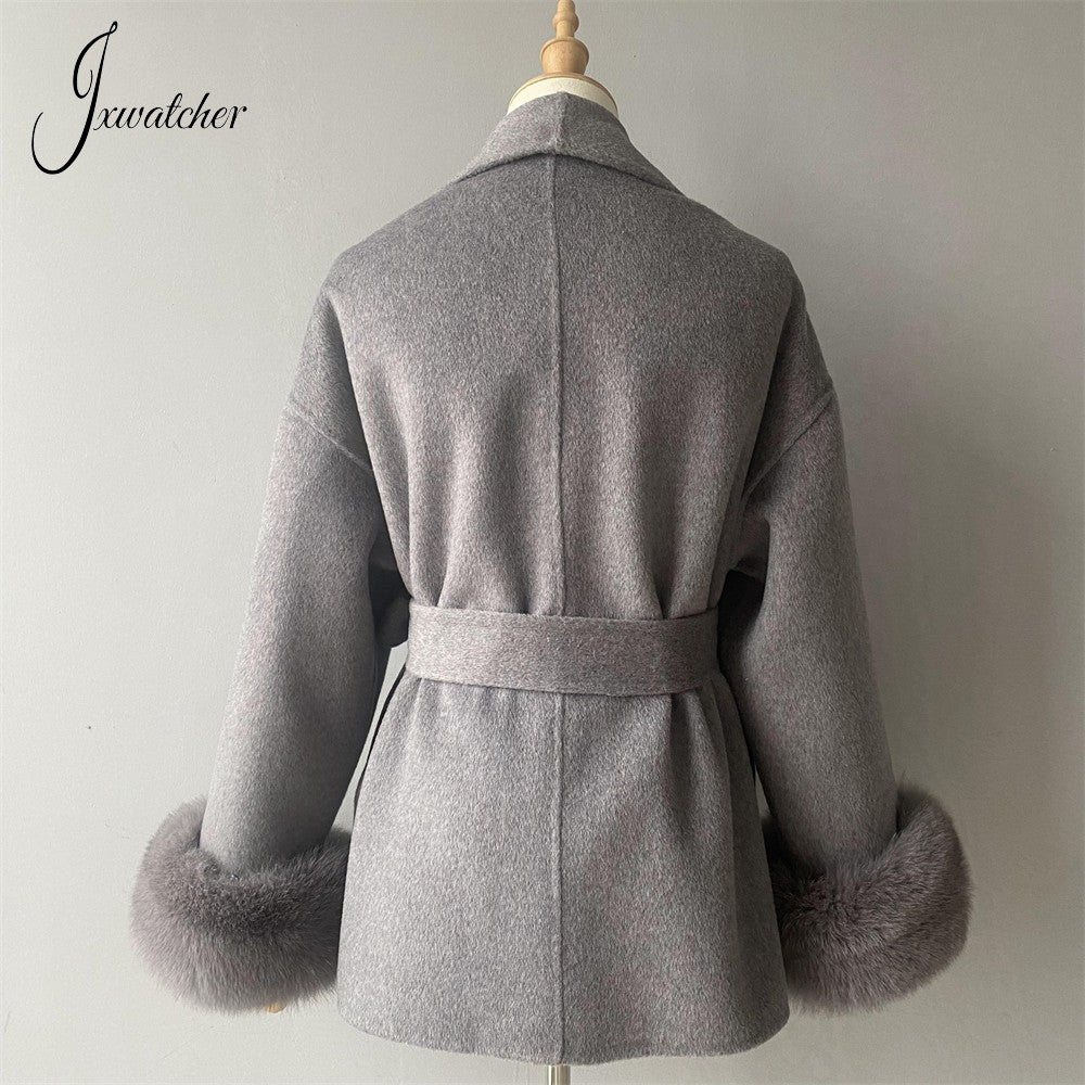 Jxwatcher Women's Wool Coat with Real Fox Fur Cuffs Ladies Elegance Belt Slim Outerwear Fall Winter High-End Wool Coats 2024 New