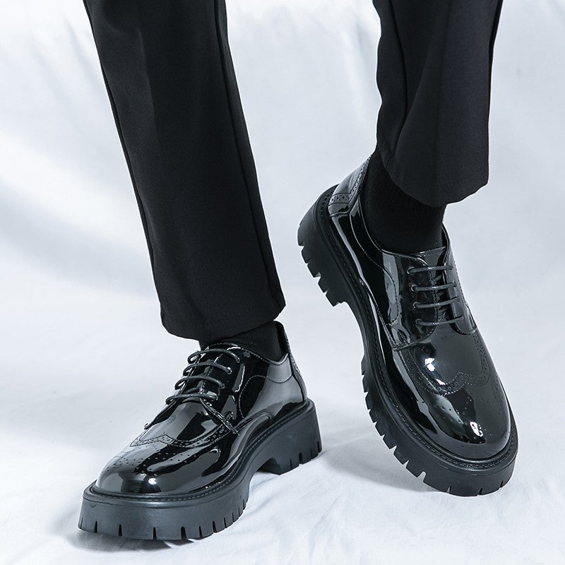 Leather shoes men's thick soles increase British style Brock business dress black senior sense wedding groom shoes 46 yards