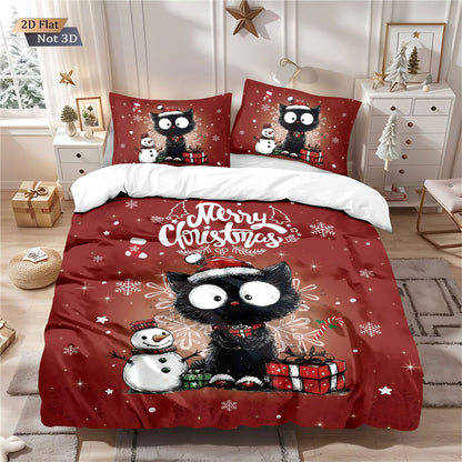 3pcs Christmas Cute Black Cat Print Choreless Bedding Set Multiple Size Bedroom Bedding Holiday Decoration Machine Washable