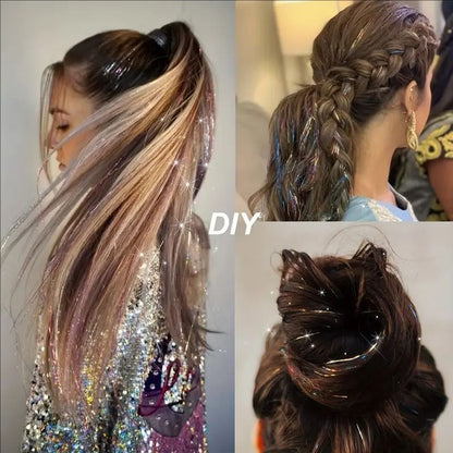 12 unidades/1 pacote 50 cm de extensões de cabelo sintéticas brilhantes, presilhas de cabelo cintilantes para trançar e enfeitar a cabeça de mulheres