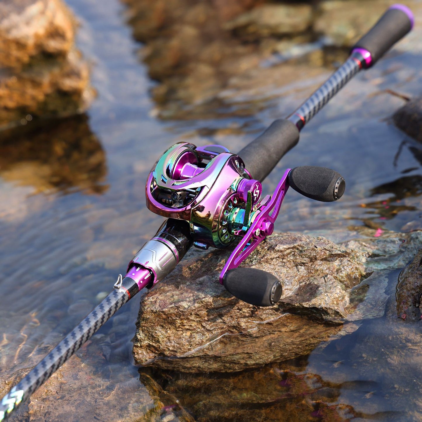 Vara de Pesca Telescópica de Carbono 180cm, Ação Rápida para Lançamento Longo, Cores Preto e Roxo, para Água Doce e Salgada