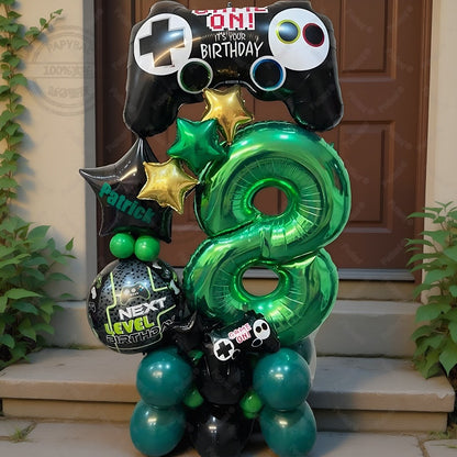 31pcs Gamepad Theme Balloon Green Number Birthday Balloon Set Game Theme Party Decoration Birthday Surprise Gifts