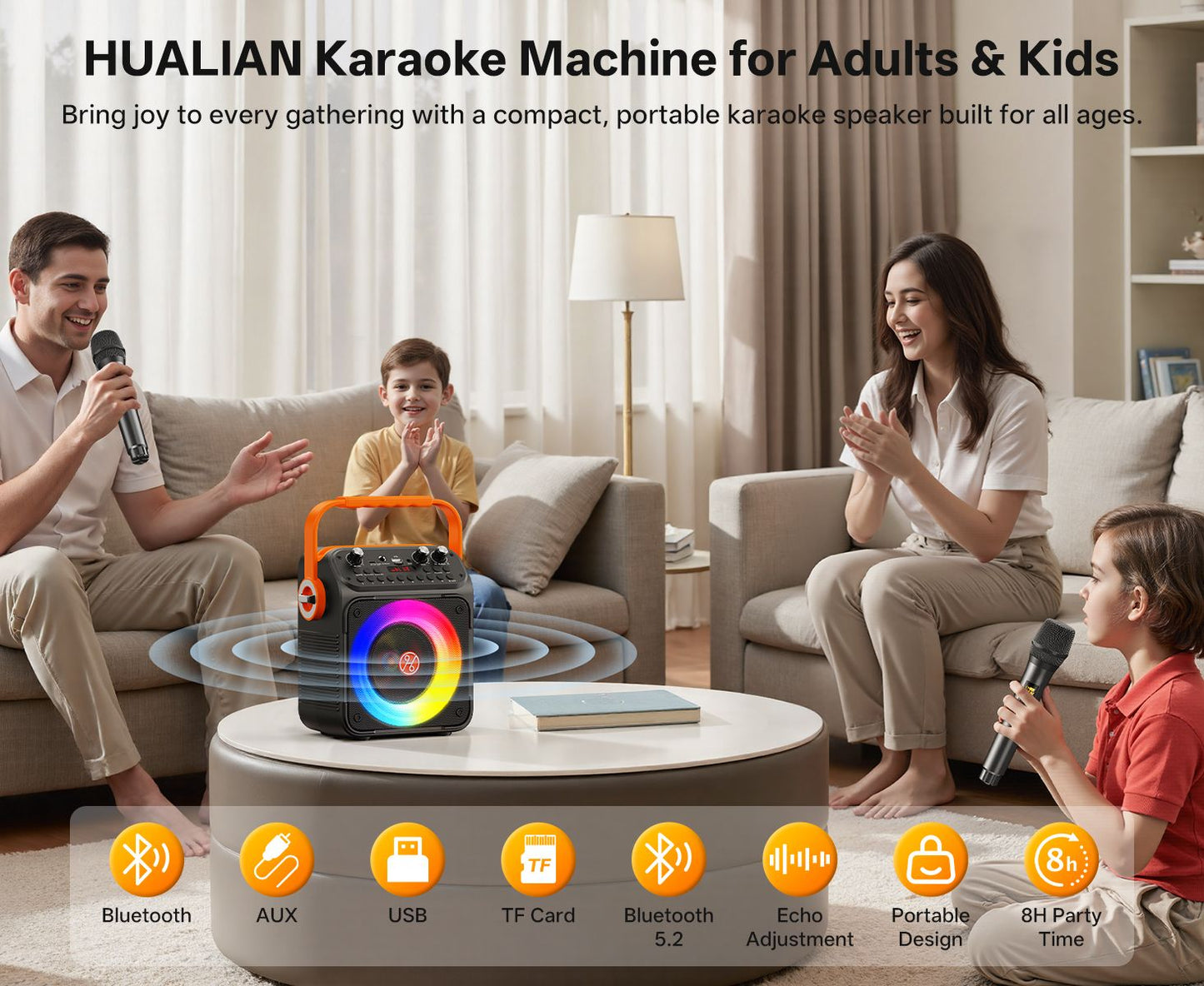 Caixa de Som Karaokê Bluetooth de Alta Potência T35, Luz Rítmica Musical, Som Estéreo Surround 360 Graus, Subwoofer Sem Fio com Microfone Duplo