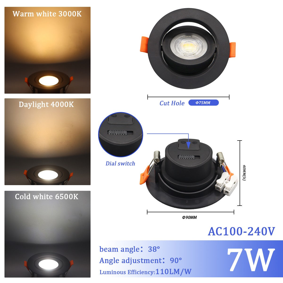 1-10pcs LED Change color 3 CCT 3000K 4000K 6000K LED Ceiling Spotlight embedded light 7W AC 110V 220V Adjust 90° lighting Spot