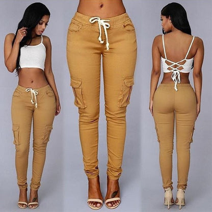 Women Slim Fit Pencil Pants Multi Pocket Drawstring Tie Waist Casual Trousers with Belt