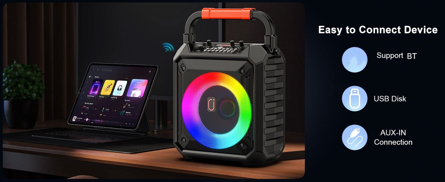 Karaoke Machine with 2 Wireless Microphones, Portable Speaker with LED Lights for Kids and Adults, Supports Bluetooth/USB/TF/AUX