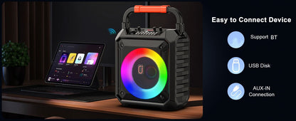 Karaoke Machine with 2 Wireless Microphones, Portable Speaker with LED Lights for Kids and Adults, Supports Bluetooth/USB/TF/AUX