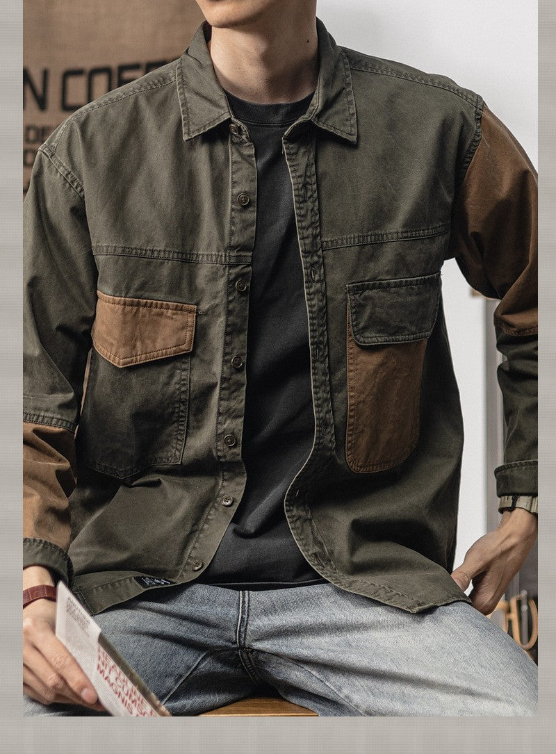 Spring and autumn new American vintage khaki loose long-sleeved shirt Japanese casual cargo shirt men's patchwork trend top