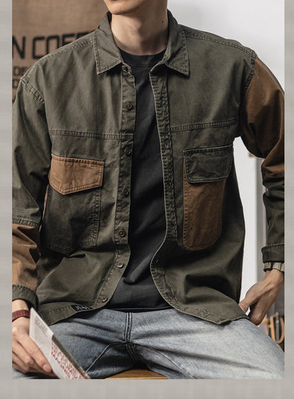 Spring and autumn new American vintage khaki loose long-sleeved shirt Japanese casual cargo shirt men's patchwork trend top