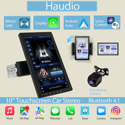 Haudio 10.1" Rádio Automotivo Rotativo de 1 Din, Tela Sensível ao Toque com Carplay e Android Auto Sem Fio/GPS/BT 4.1/Câmera de Ré/FM