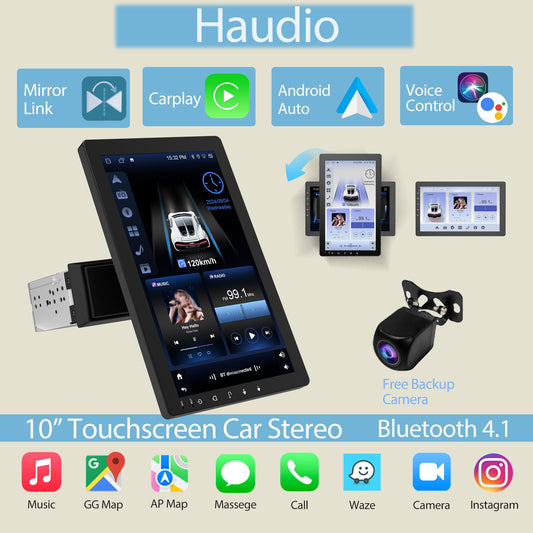 Haudio 10.1" Rotatable Single Din Car Stereo, Touchscreen Radio with Wireless Carplay & Android Auto/GPS/BT 4.1/Backup Camera/FM