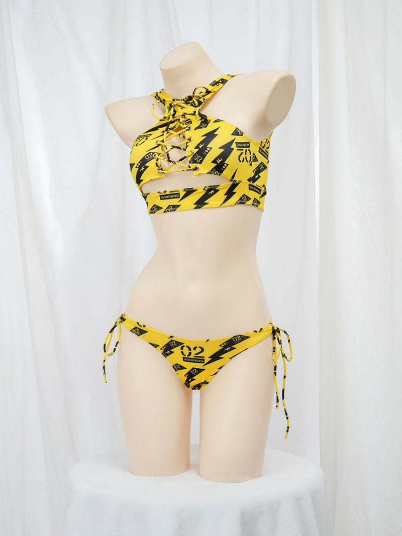 Anime Beach Girl Red Lip And Yellow Danger Warning Line Uniform Printing Bikini Swimsuit Underwear Women Outfits Cosplay Costume
