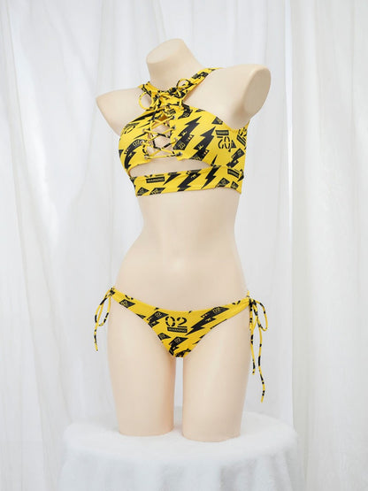 Anime Beach Girl Red Lip And Yellow Danger Warning Line Uniform Printing Bikini Swimsuit Underwear Women Outfits Cosplay Costume
