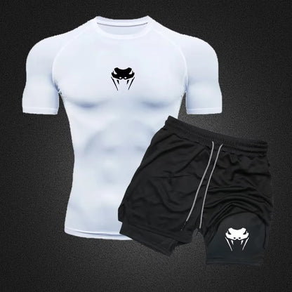 Men Compression Athletic Fitness Wear - Quick-Dry Tight Short-Sleeve Anime Double-Layer Shorts Summer Set Fitness Running Set