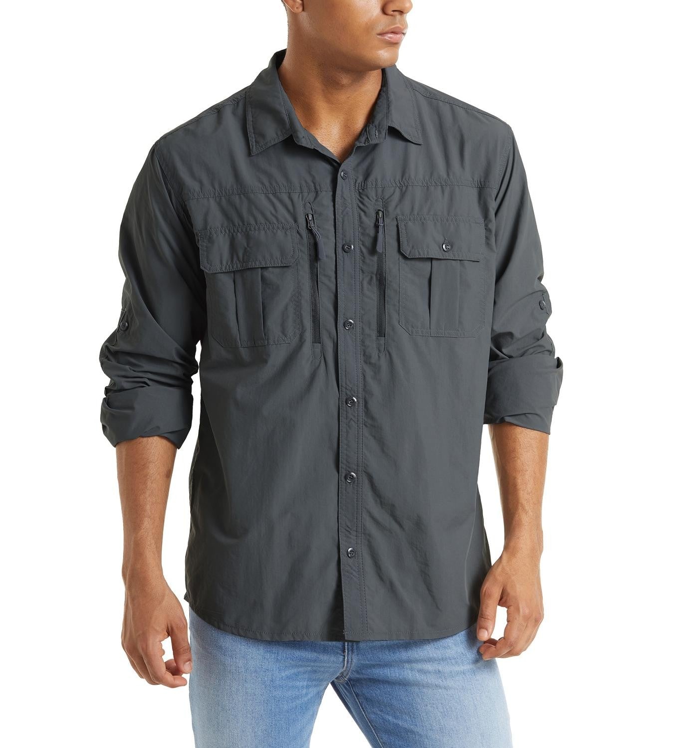 TACVASEN Summer Cargo Shirts Men's Mesh Breathable Long Sleeve Multi-Pockets Work Shirts Quick Dry Hiking Fishing Shirt Outdoor