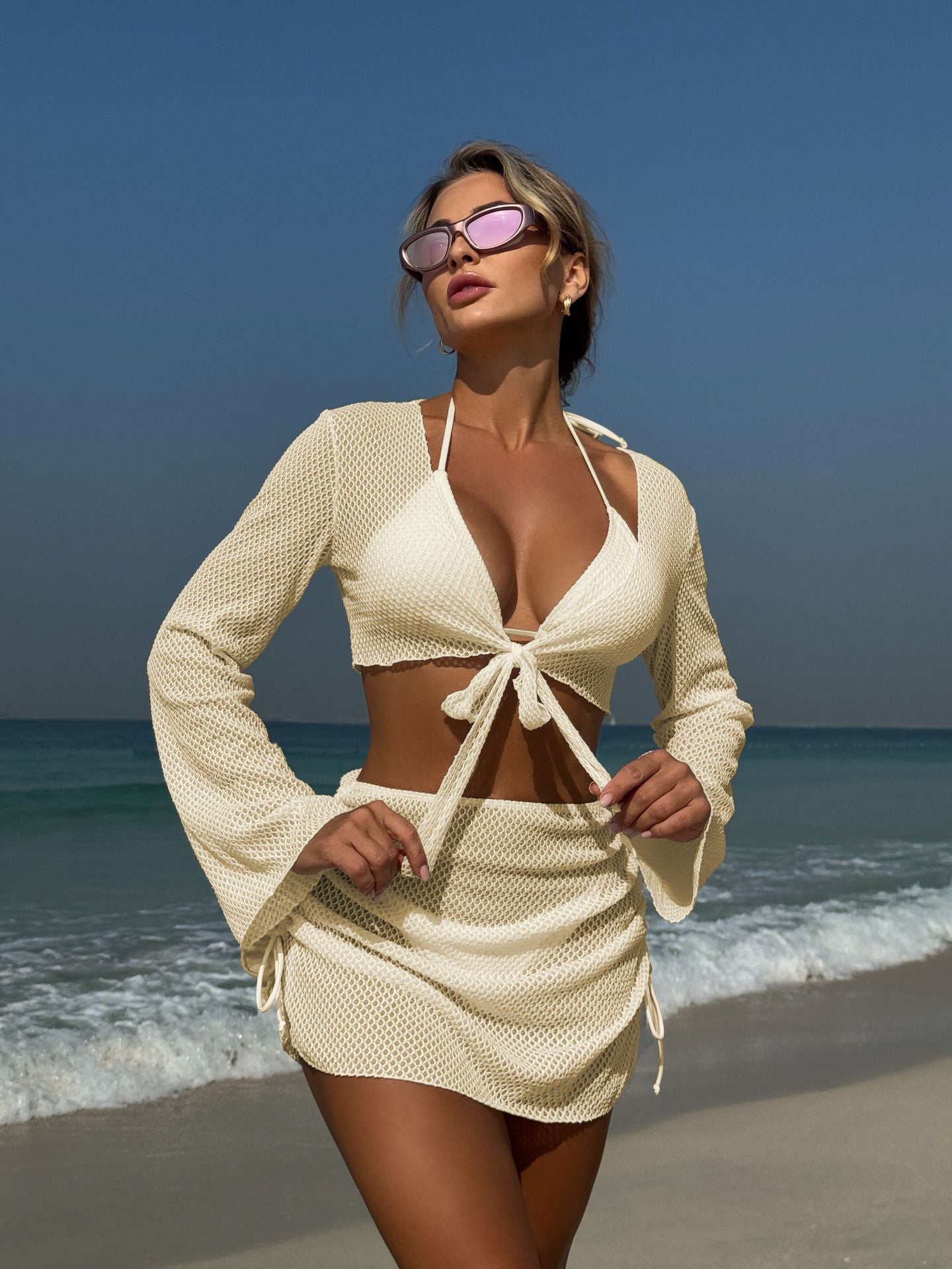 Summer Holiday 4 Piece Bikini Set 2025 Women Sexy White Long Sleeve Cover Up and Skirt Swimsuit Beach Bathing Suit Pool Swimwear