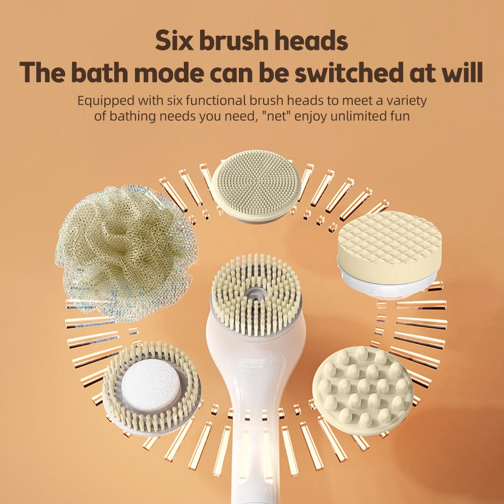 Electric shower brush, rechargeable, waterproof IPX7, 3-speed 6-in-1, wireless shower brush head, lazy scrubbing tool