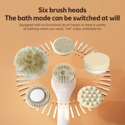 Electric shower brush, rechargeable, waterproof IPX7, 3-speed 6-in-1, wireless shower brush head, lazy scrubbing tool
