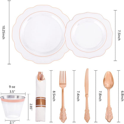 350PCS Rose Gold Plastic Plates Clear Rose Gold Disposable Dinnerware Set Include 100 Dinner Dessert Plates50 Cups 50 Pre Rolle