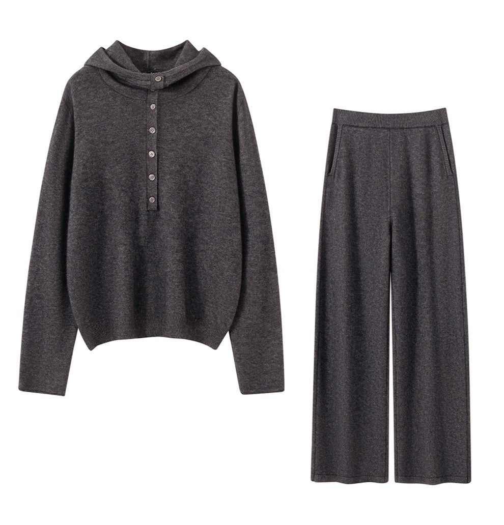 Autumn Winter New 100% Pure Cashmere Women Half Open Front Hoodie Set Knitted Two Piece Pullover Knitwear Wide Leg Pants