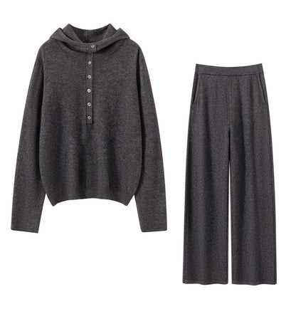 Autumn Winter New 100% Pure Cashmere Women Half Open Front Hoodie Set Knitted Two Piece Pullover Knitwear Wide Leg Pants