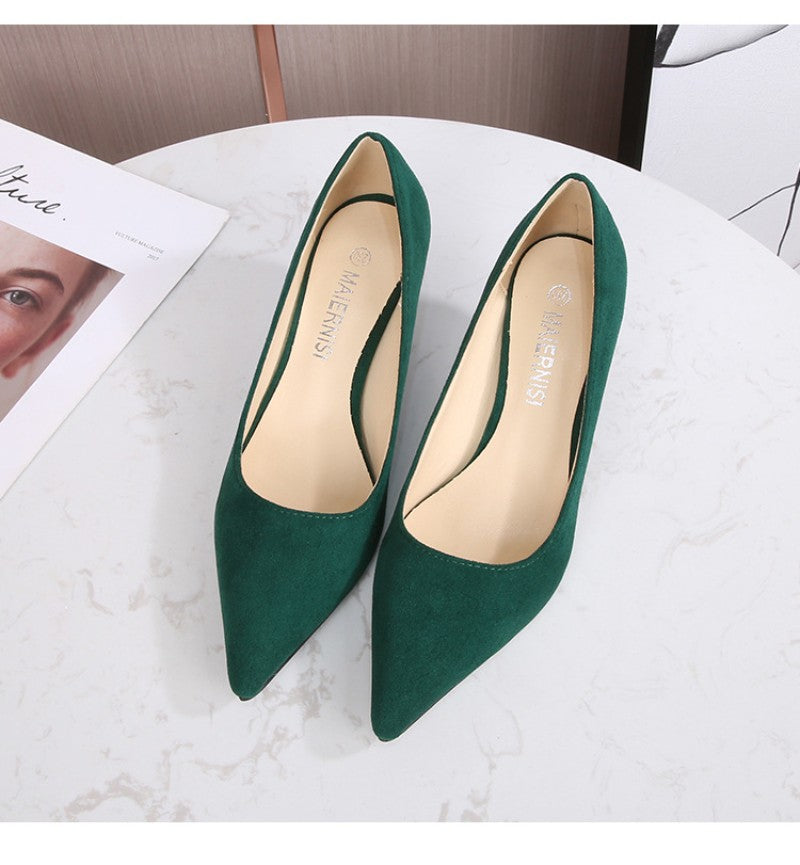 European American Fashionable Pointed High Heels Women With Rhinestone Bows Shallow Mouth Mid-Heeled Single Shoes Silk Satin