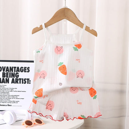 2 Pcs 2025 Summer Girl's Pajamas Sets Loungewear Set Strap Sleepwear Pants Skirt Baby Girl Clothes Sleeveless Children's Clothes