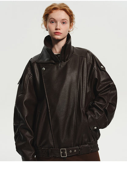 Lautaro Spring Autumn Cool Brown Oversized Pu Leather Jacket Women Long Sleeve Zip Up Luxury Designer American Retro Clothing