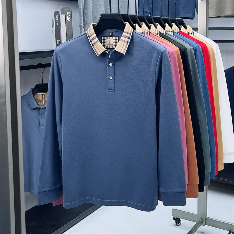 Luxury brand long sleeve polo shirt men comfortable casual autumn item silk cotton high-end Korean fashion plaid lapel T-shirt