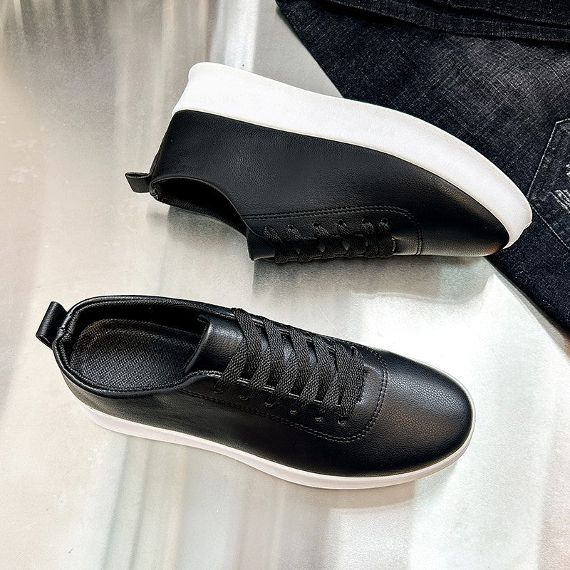 Fashion Thick Sole Black White Soft Men Leather Shoes Platform Men Casual Board Shoes Walking Sport Shoes Lightweight Work Shoes